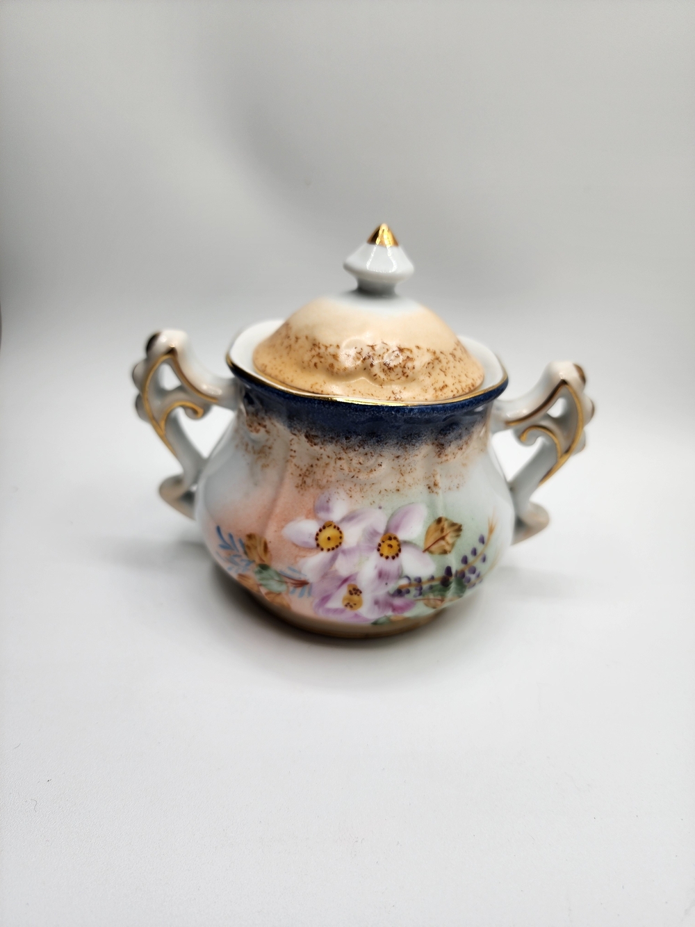 Vintage Porcelain Floral Sugar Bowl with Gold Accents Garden Scene